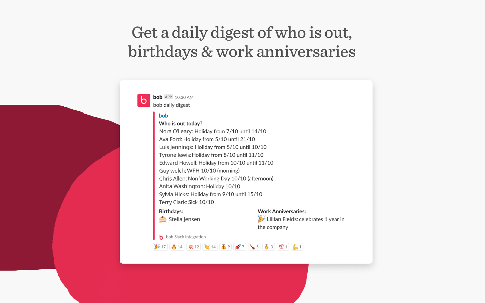 daily digest of team absences, birthdays, and anniversaries in the bob app, highlighting individual names and dates, team management tool displaying work schedules, events, and celebrations