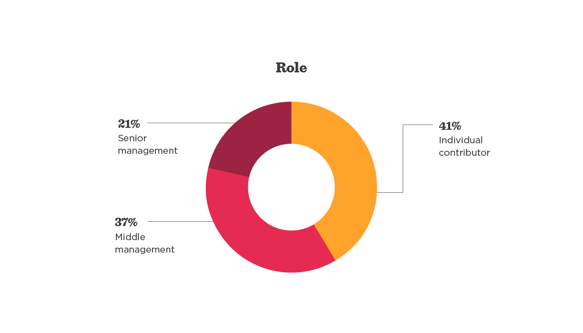 role distribution, pie chart depicting management roles: 41% individual contributors, 37% middle management, 21% senior management
