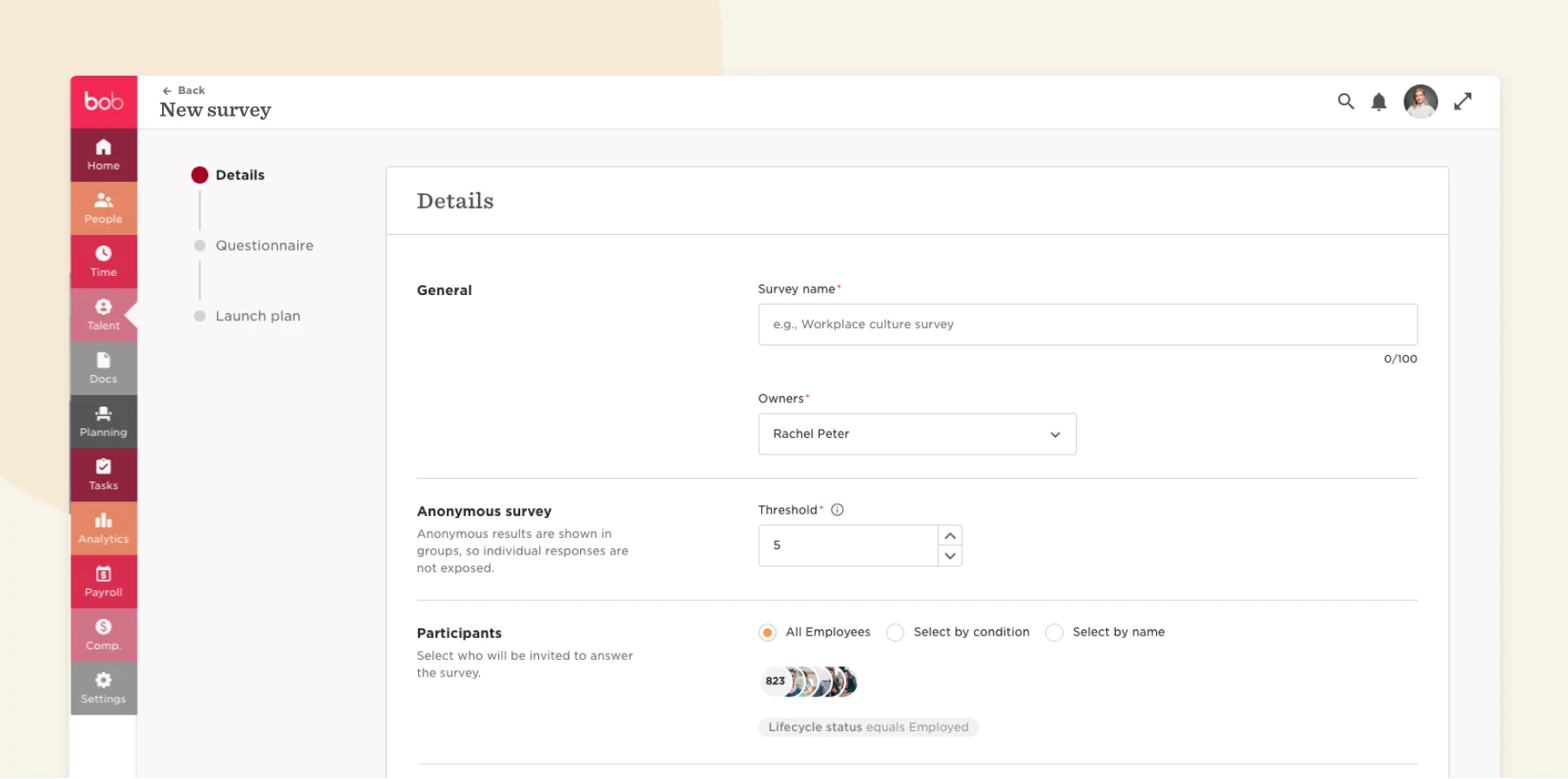 new survey interface with fields for survey name, owner selection, anonymous response options, and participant settings, user-friendly survey design with clear sections for details and participation criteria