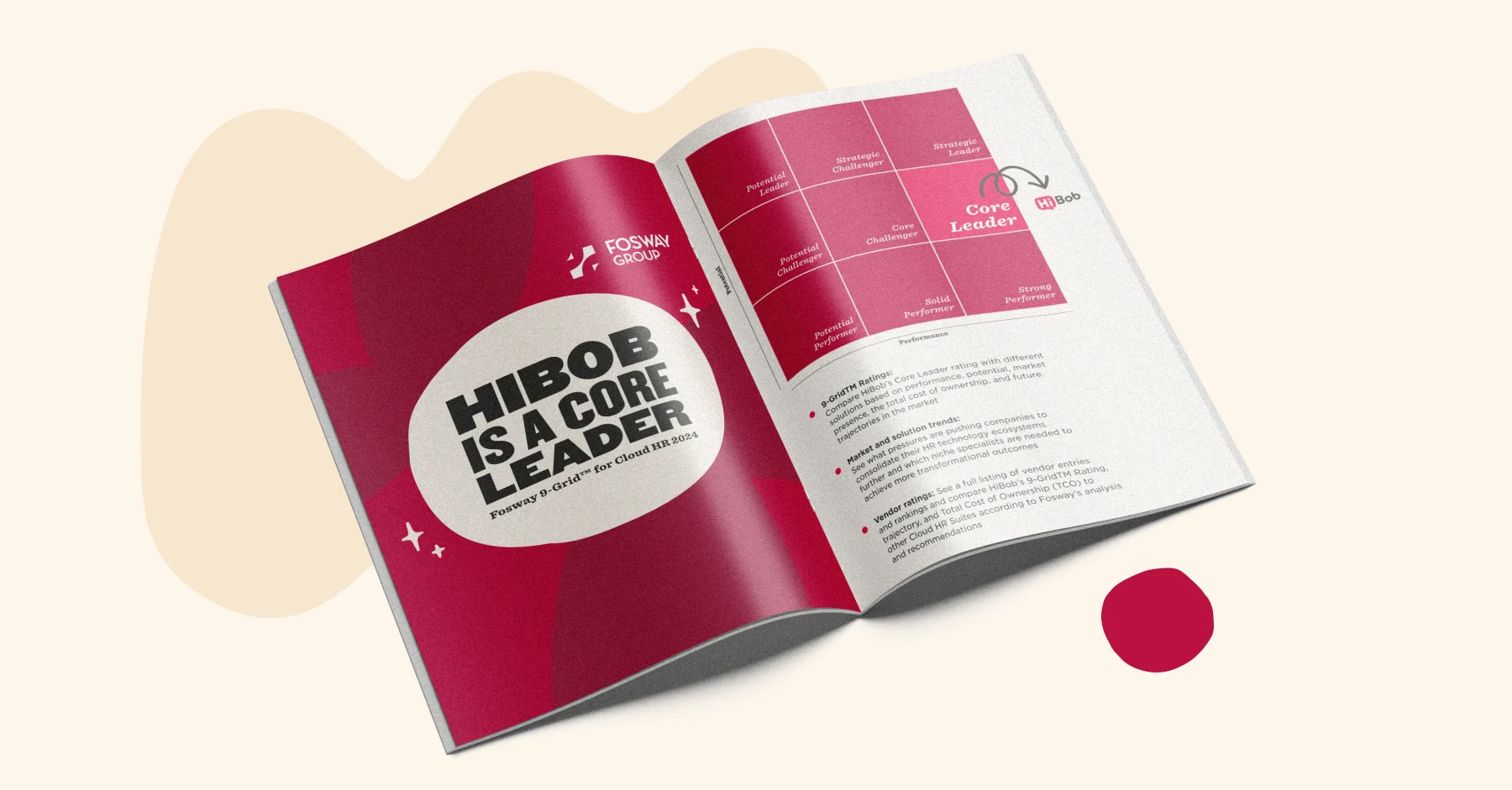 HIBOB as a Core Leader in HR - Fosway 9-Grid™ with performance metrics and strategic insights displayed in an open booklet., HR, FoswayGrid2024