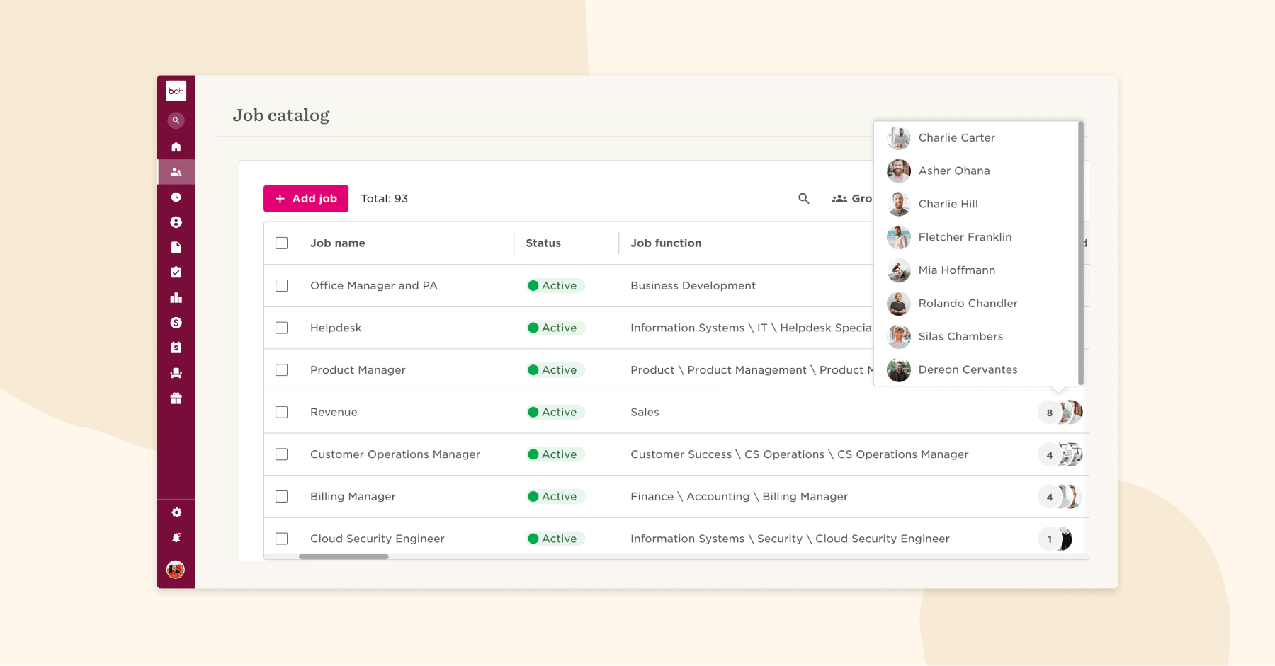 job catalog with various active job listings and a user profile dropdown in a modern interface, job titles, status indicators, and user selection options