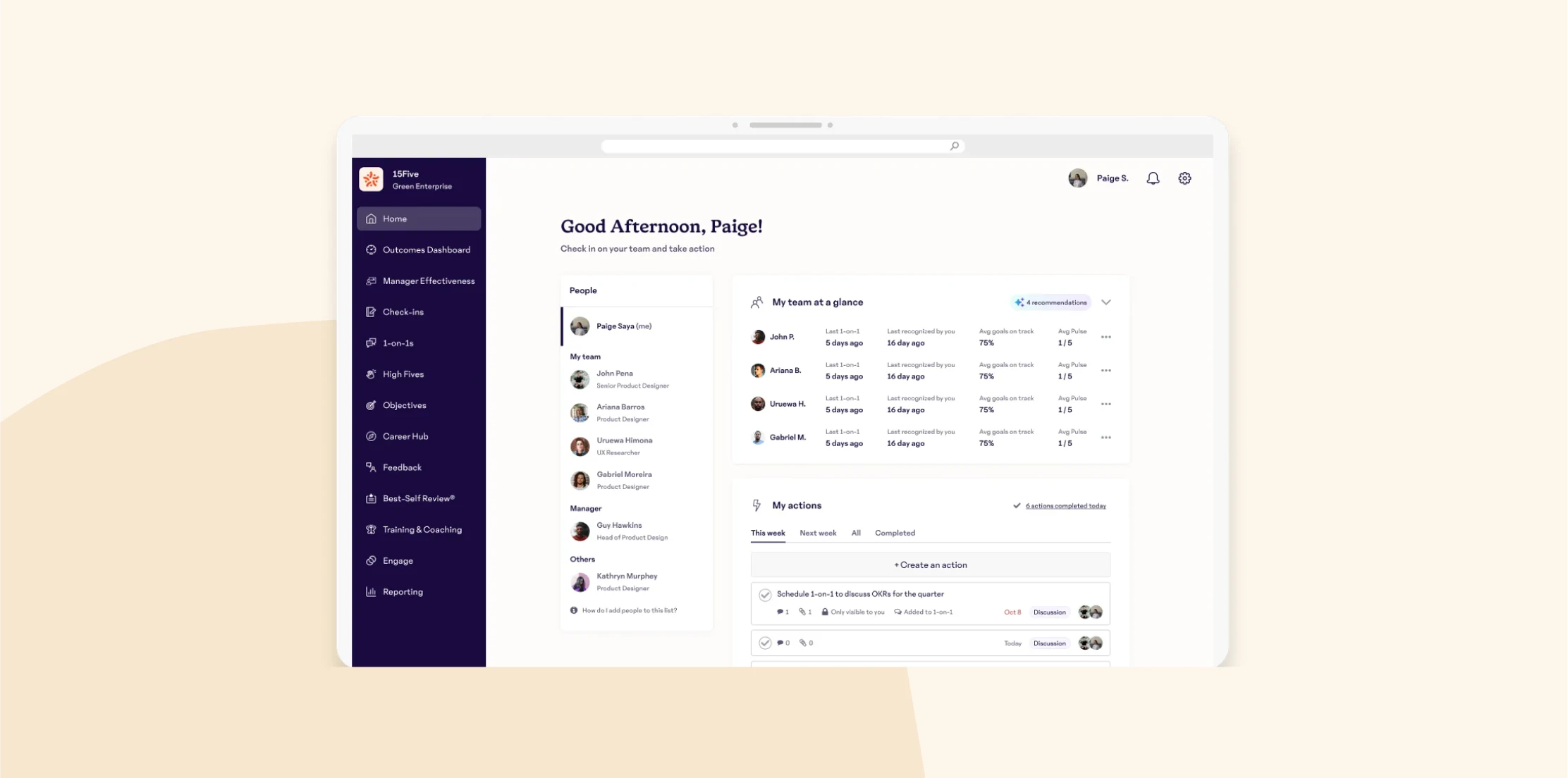 15Five dashboard overview featuring team collaboration tools, user actions, and personalized greetings. , 15Five, dashboard