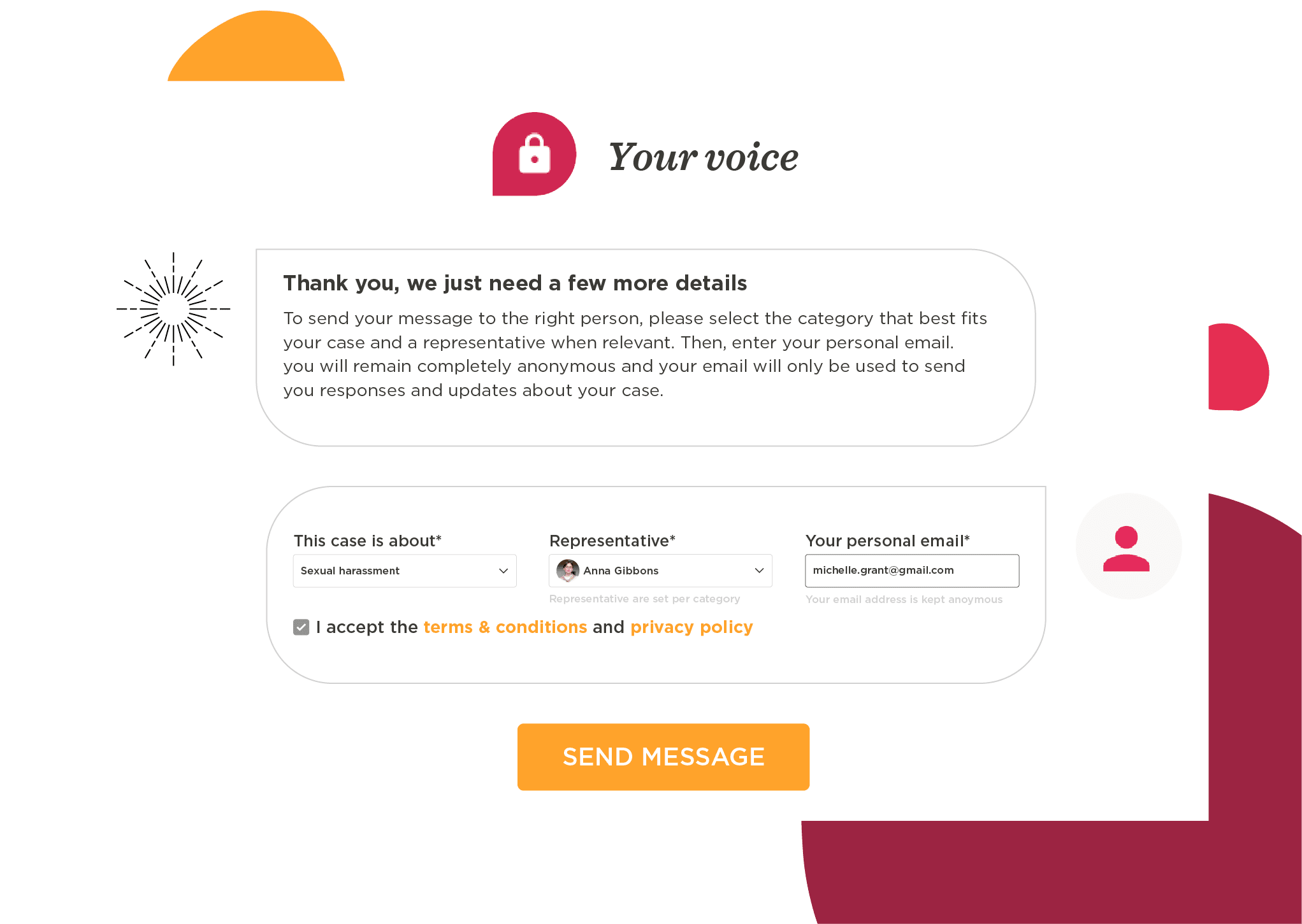 form submission for reporting harassment, personal email entry with privacy assurance