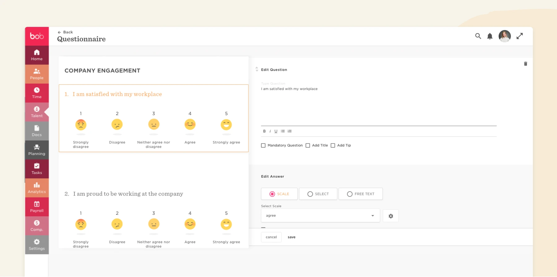 bob, questionnaire, company engagement, employee satisfaction scale