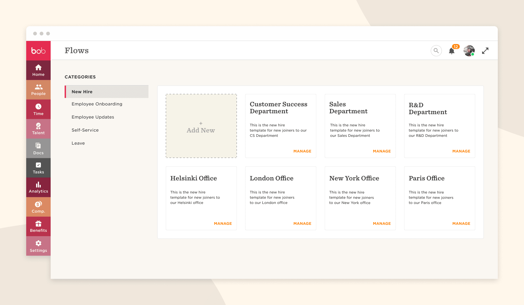 flows, employee onboarding dashboard with new hire templates for multiple offices