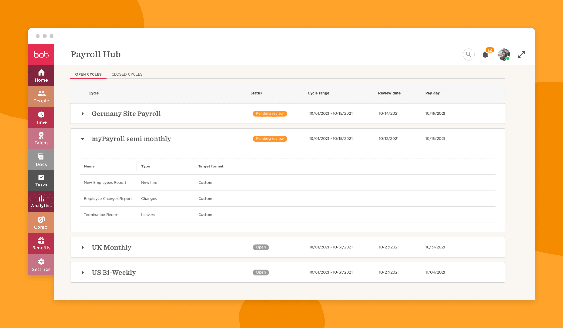 payroll management interface with cycles, status, and review dates for employee payroll reports, data overview for payroll cycles and tasks