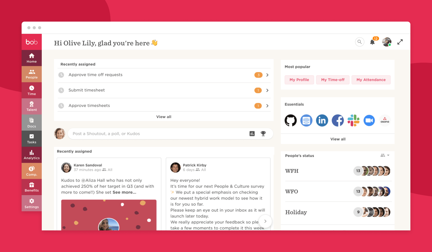 bob interface with user greeting, task lists, social icons, recent updates, and attendance status sections. , bob_interface, task_management