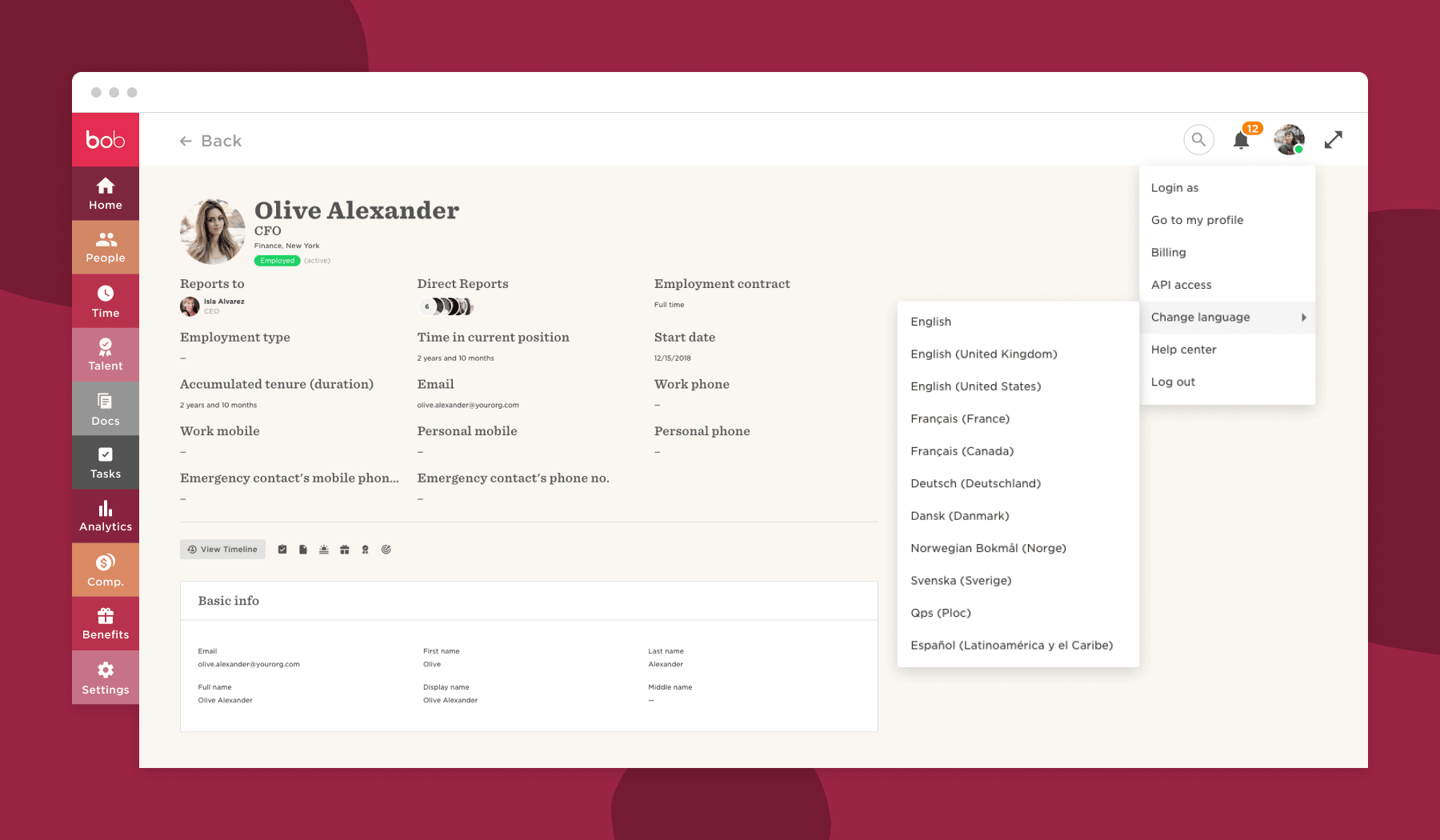 CFO profile of Olive Alexander, showcasing employment details and language options in a user-friendly interface, Employment details and language settings in the candidate's profile
