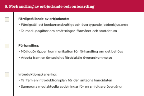 Förhandling och onboarding process, lista med rubriker och punkter för anställning, Färdigställande av erbjudande, introduktionsplanering