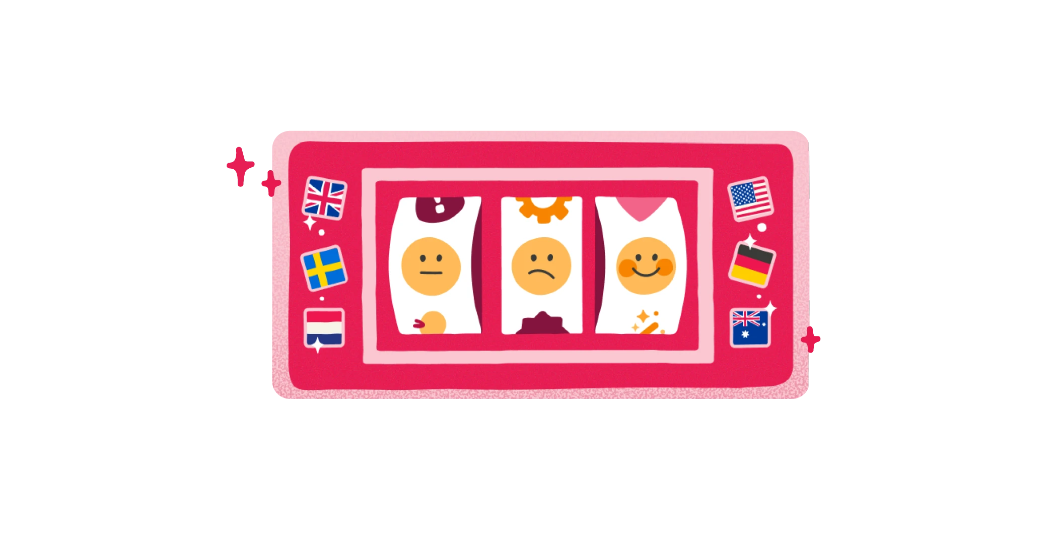 slot machine with three emoticon faces expressing varied emotions, surrounded by international flags on a pink background, emoticons, slot machine