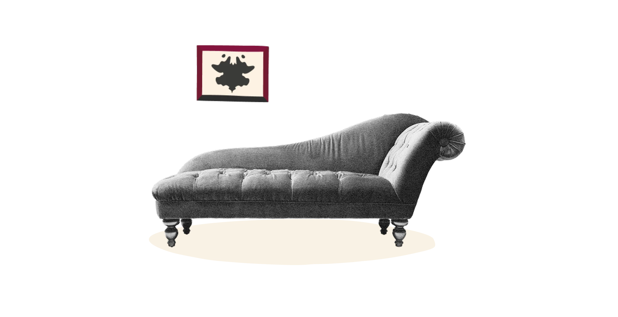 chaise lounge with tufted grey fabric and curved back, framed inkblot art above on a minimalist backdrop, modern interior design elements