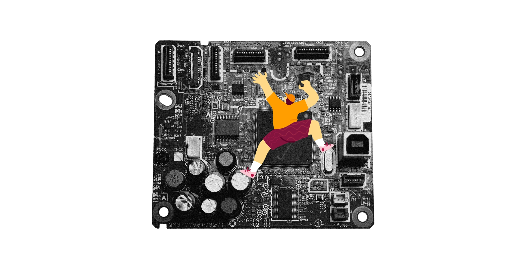 circuit board with a cartoon figure climbing on it, colorful climbing figure juxtaposed against a black electronic background
