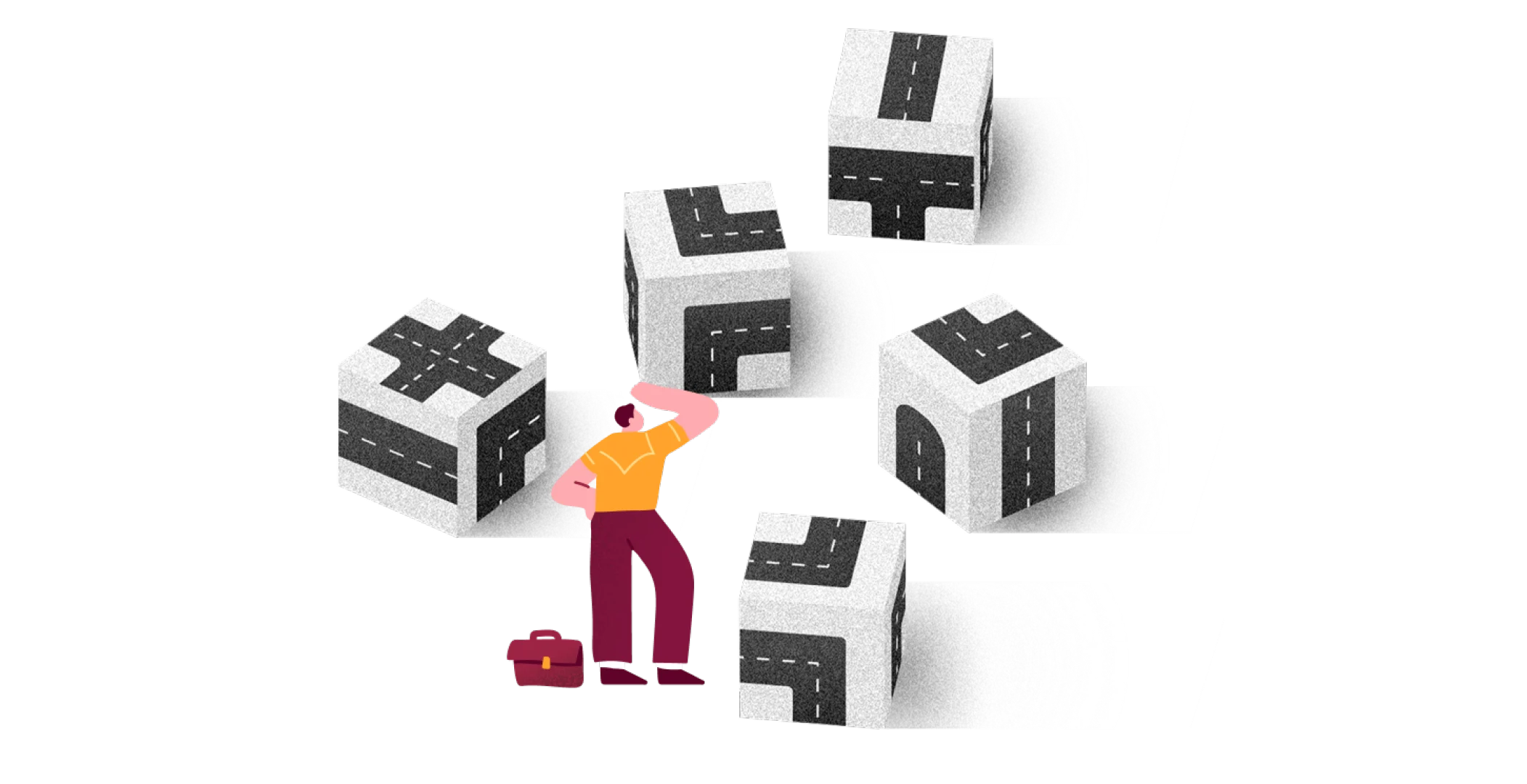 man confused by road-shaped blocks, businessman with briefcase pondering paths in abstract design