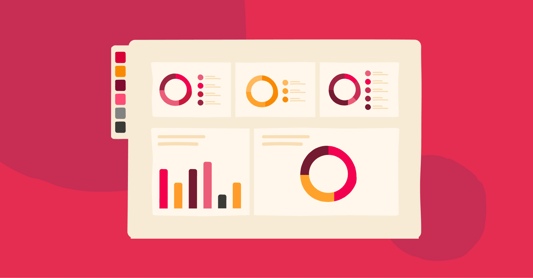 analytics dashboard, colorful pie and bar charts on a light background with vibrant pink accents