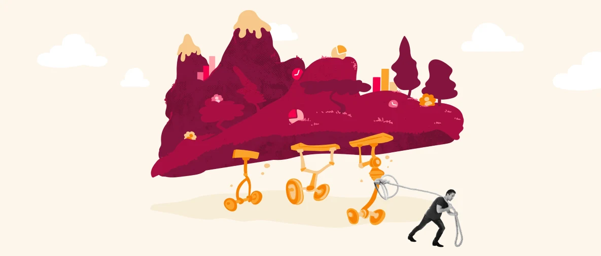 man pulling whimsical mountain landscape with colorful trees and playful elements, featuring yellow and orange wheeled objects, creative illustration of imaginative scenery with vibrant colors and surreal elements