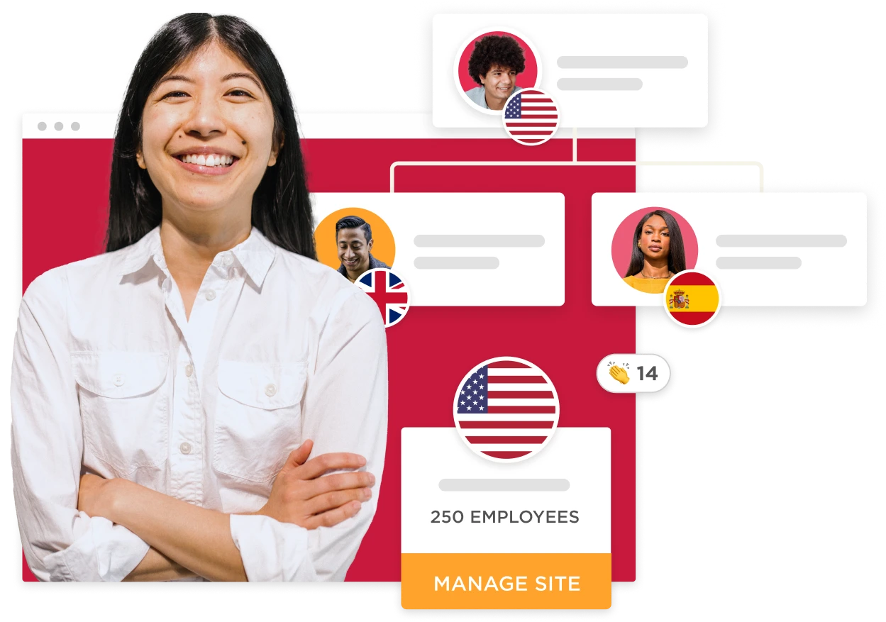 woman smiling, graphic display of employee statistics and flags