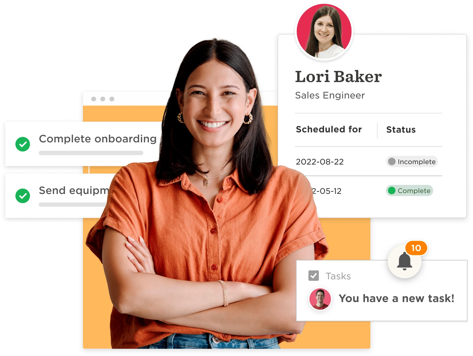 woman smiling with tasks and profile information on screen, tasks checklist and profile details for Lori Baker, Sales Engineer
