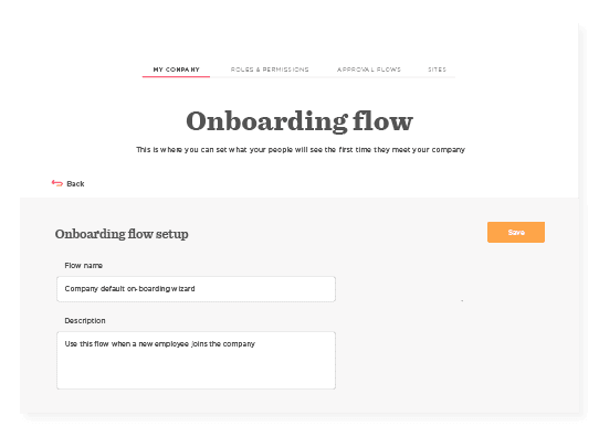 Onboarding flow setup screen with fields for flow name and description, including a save button. User interface design. onboarding flow setup, user interface design