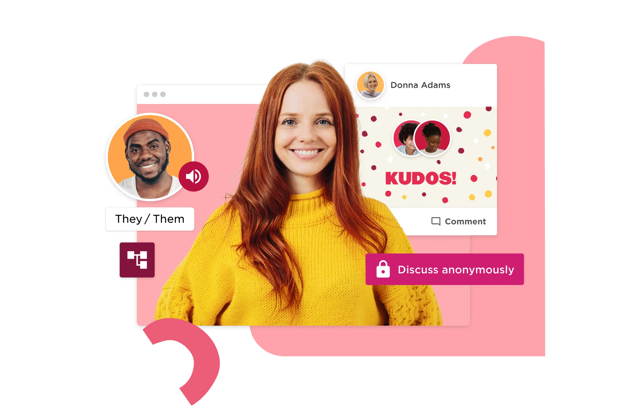 smiling woman in a yellow sweater, online chat elements, diverse communication, explore anonymous discussions, kudos message, profile images