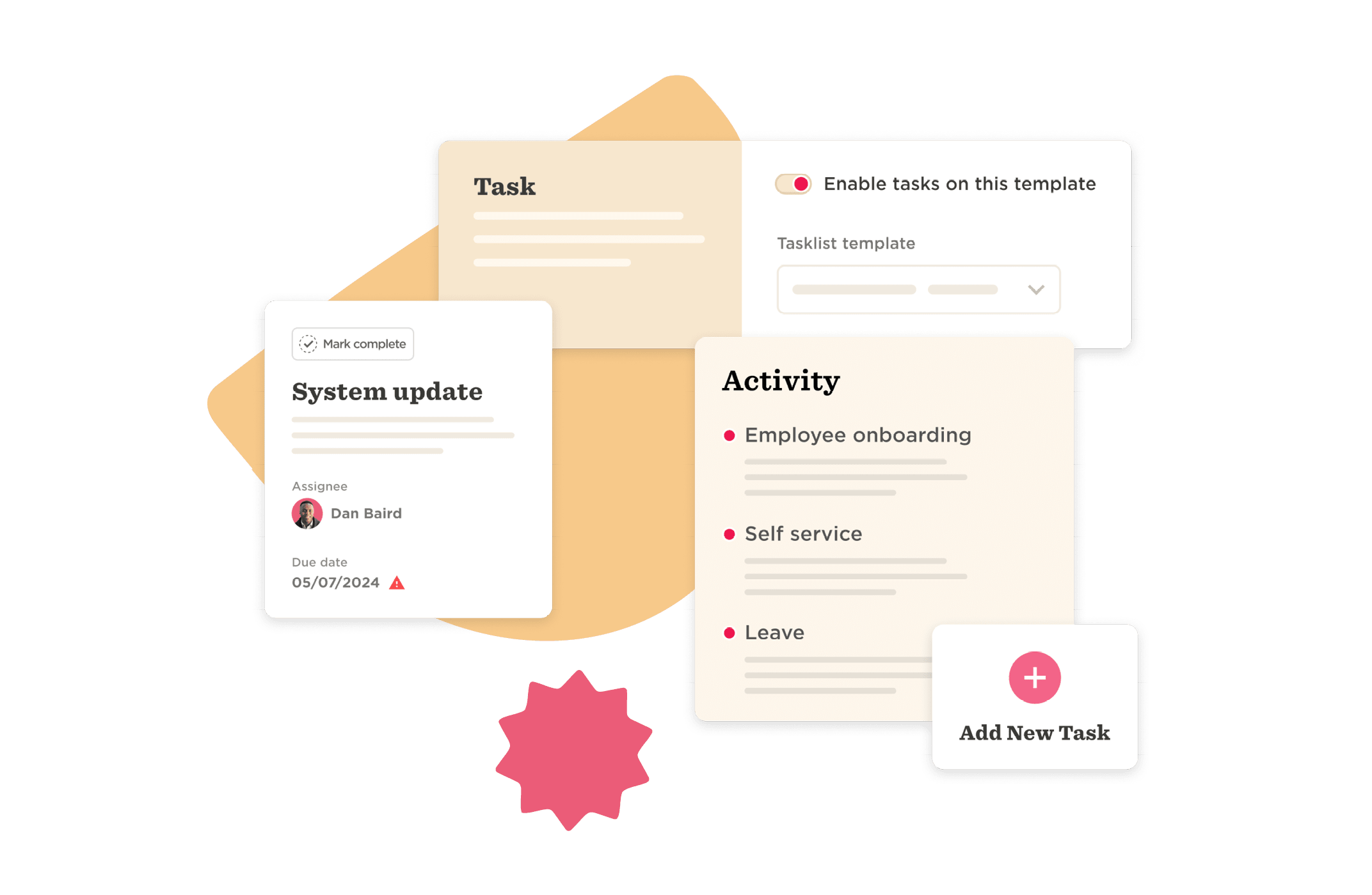 task management interface, to-do list with due dates and activity options for team collaboration