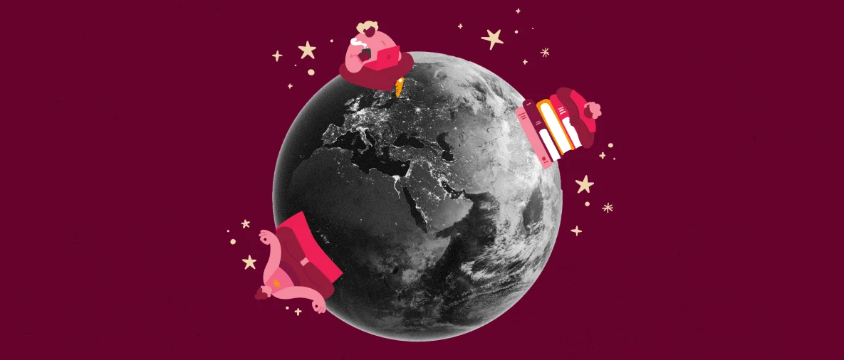 earth with whimsical elements like books and characters, against a starry background, creating a festive atmosphere, whimsical earth and holiday theme