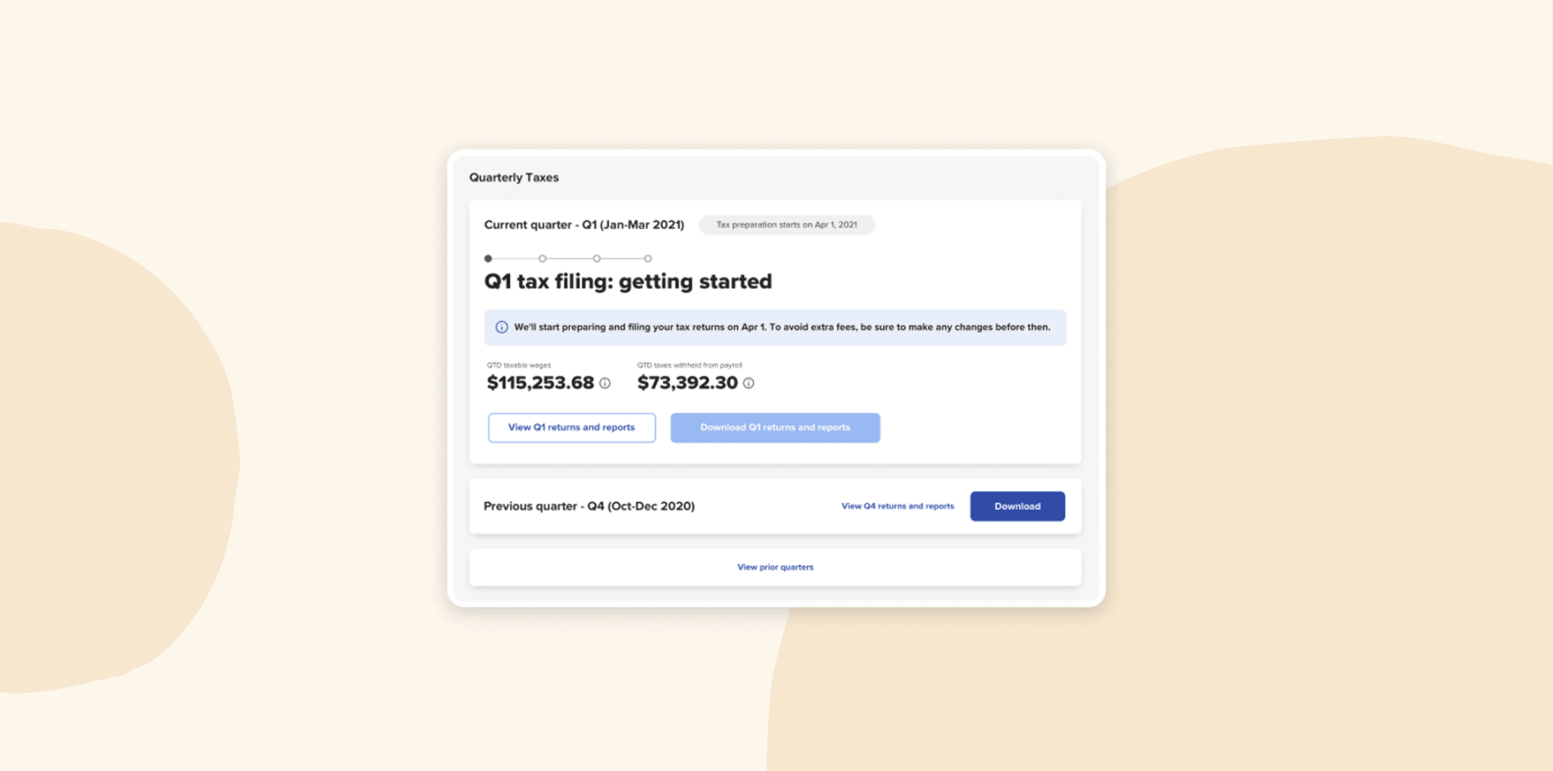 Q1 tax filing overview with earnings, withheld taxes, and download options for reports on a light background. Taxes, Filing summary