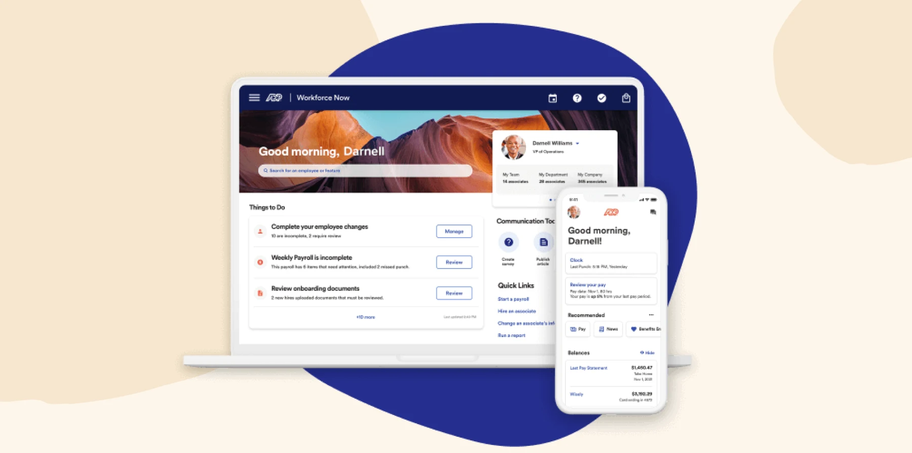digital workforce platform, employee dashboard with payroll tasks and notifications for user Darnell Williams