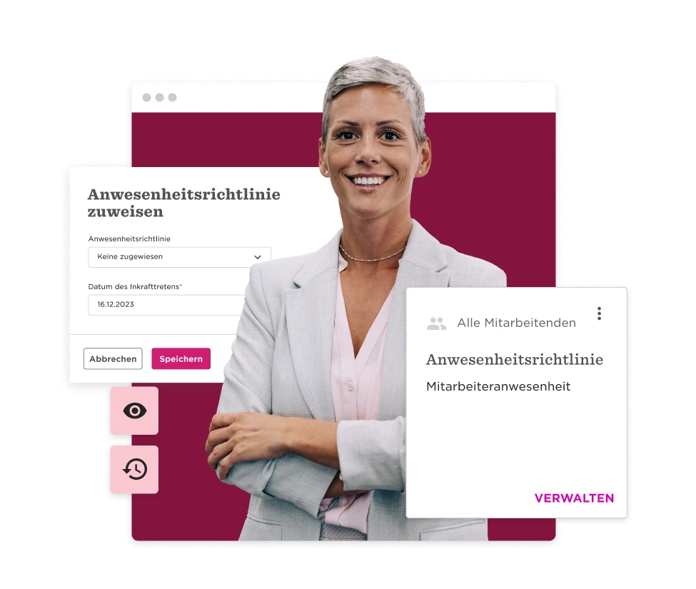 frau mit blonden haaren in anzug vor digitalem dashboard, zeigt anwesenheitsrichtlinie management, digitales arbeitsumfeld,