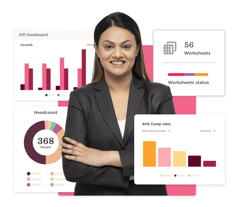 KPI dashboard with graphs, headcount data, and a confident professional woman presenting insights, Data analysis, Business insights