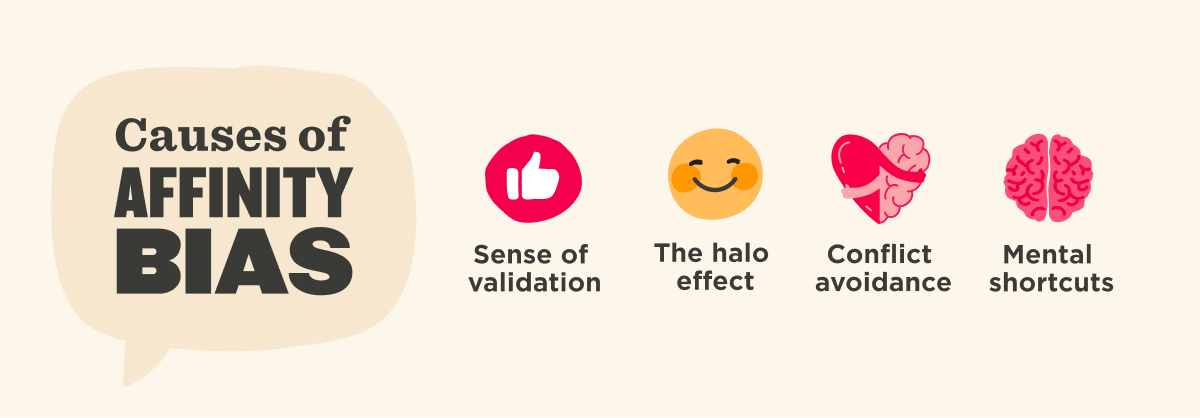 Causes of affinity bias illustrated with icons: validation, halo effect, conflict avoidance, and mental shortcuts. causes of affinity bias, visual elements affinity bias