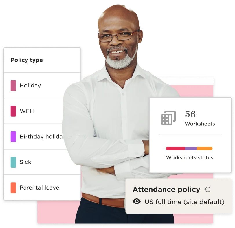 policy overview, man in white shirt smiling with attendance policy and worksheets status displayed on the side