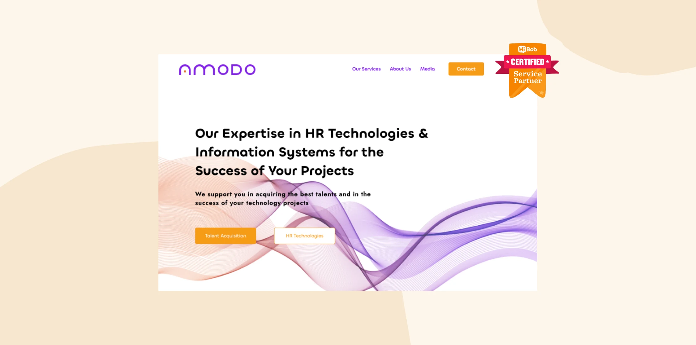 amodo HR technologies website homepage showcasing service offerings with vibrant colors and certification badge, success in HR projects and talent acquisition