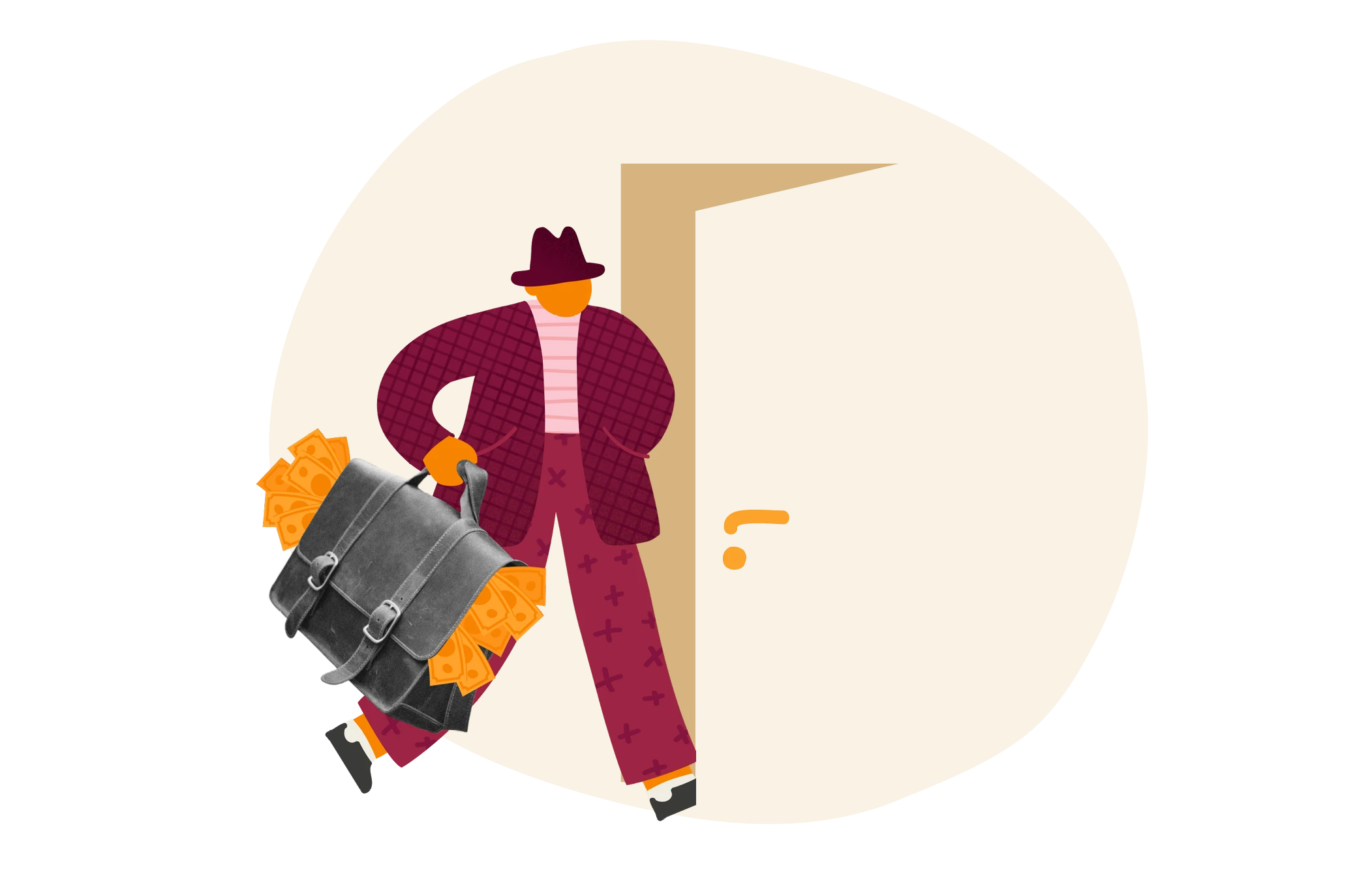 businessman carrying a briefcase full of cash beside a door, illustration of a stylish character exiting a building