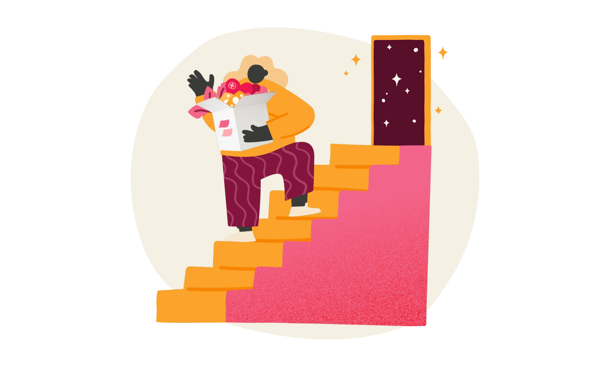 person carrying a box of groceries up colorful stairs, bright door with stars at the top of the stairs