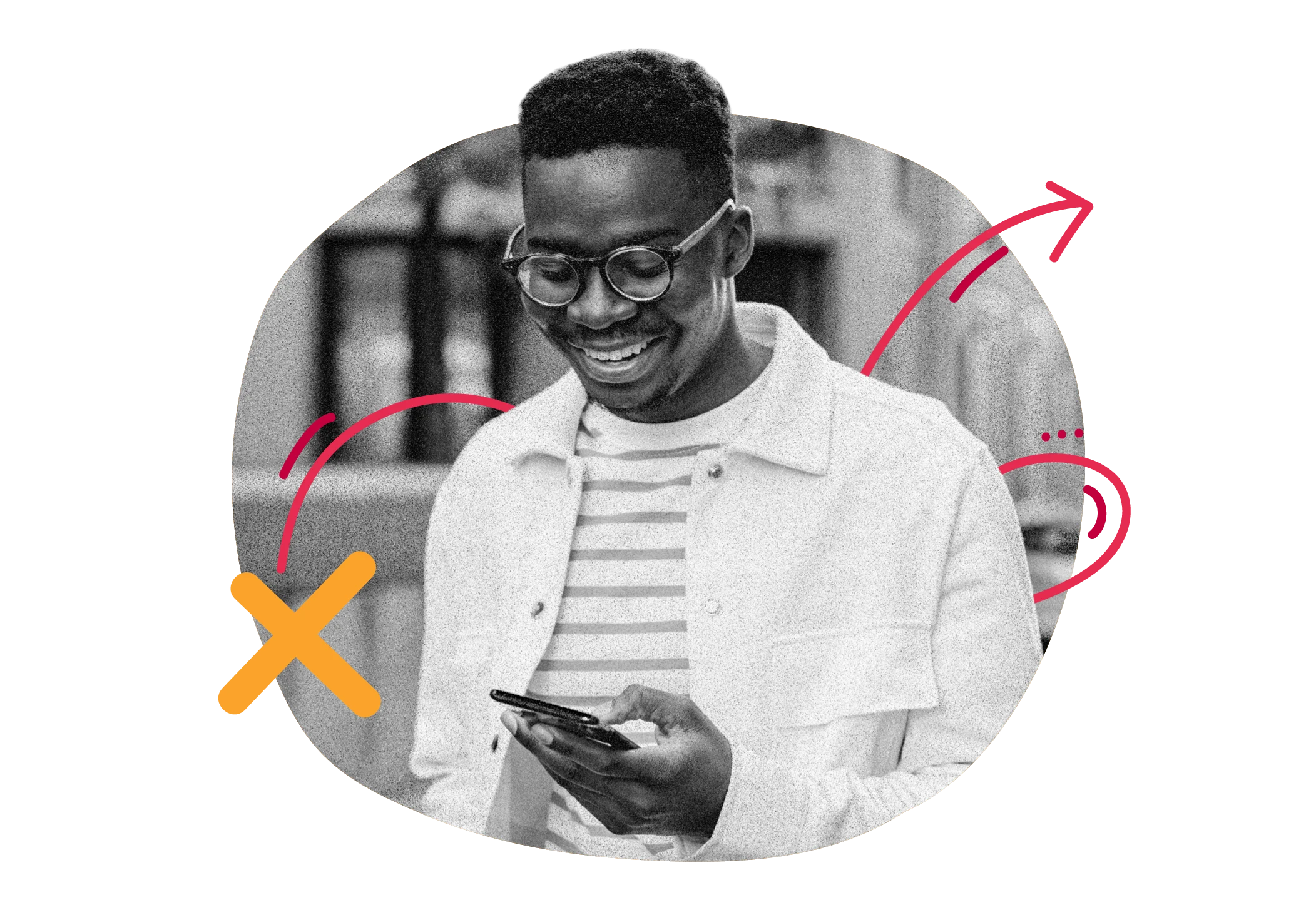 smiling man in glasses using smartphone with abstract colorful background, black and white photo with vibrant creative elements