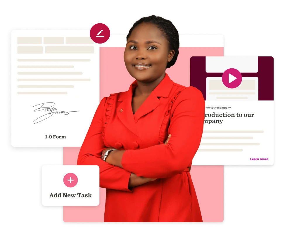 business-woman-in-red-blazer-with-documents-and-tasks, professional-introduction-with-forms-and-video-elements