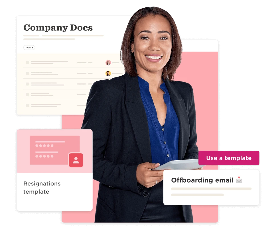 Company Docs interface with smiling woman in business attire holding a tablet, templates for resignations and offboarding email., businesswoman, templates