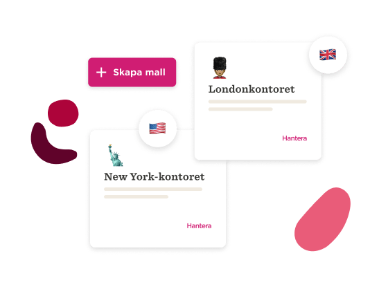 Skapa mall, New York and London office cards with flags and icons for office management.