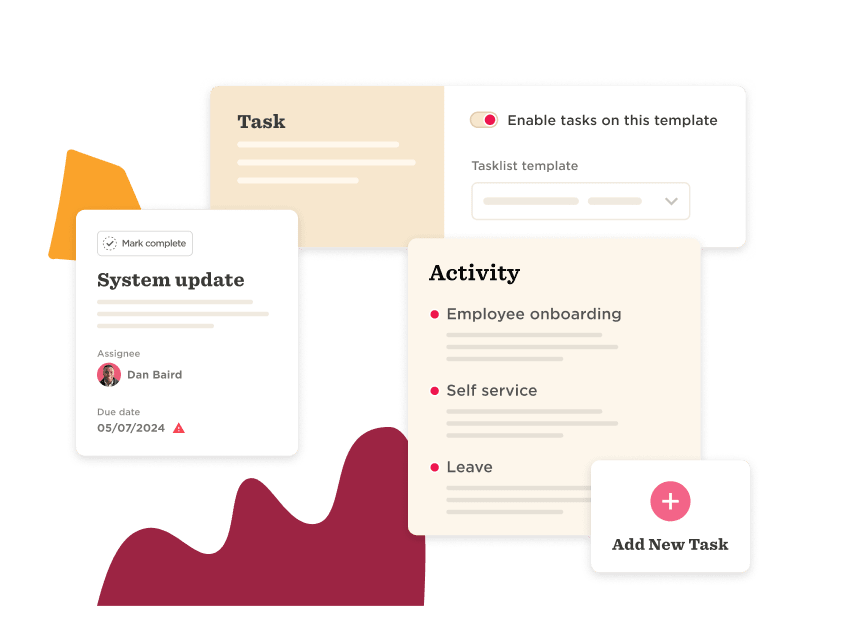 task management interface, system update activity overview with due date and assignee details