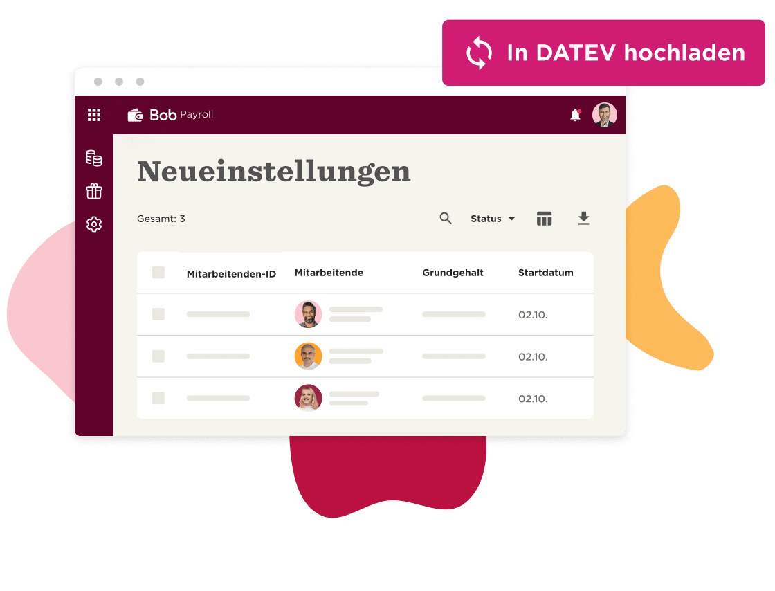 Bob Payroll interface displaying new employee entries, each with ID, name, salary, and start date. In DATEV load option visible. Payroll, Employee Management