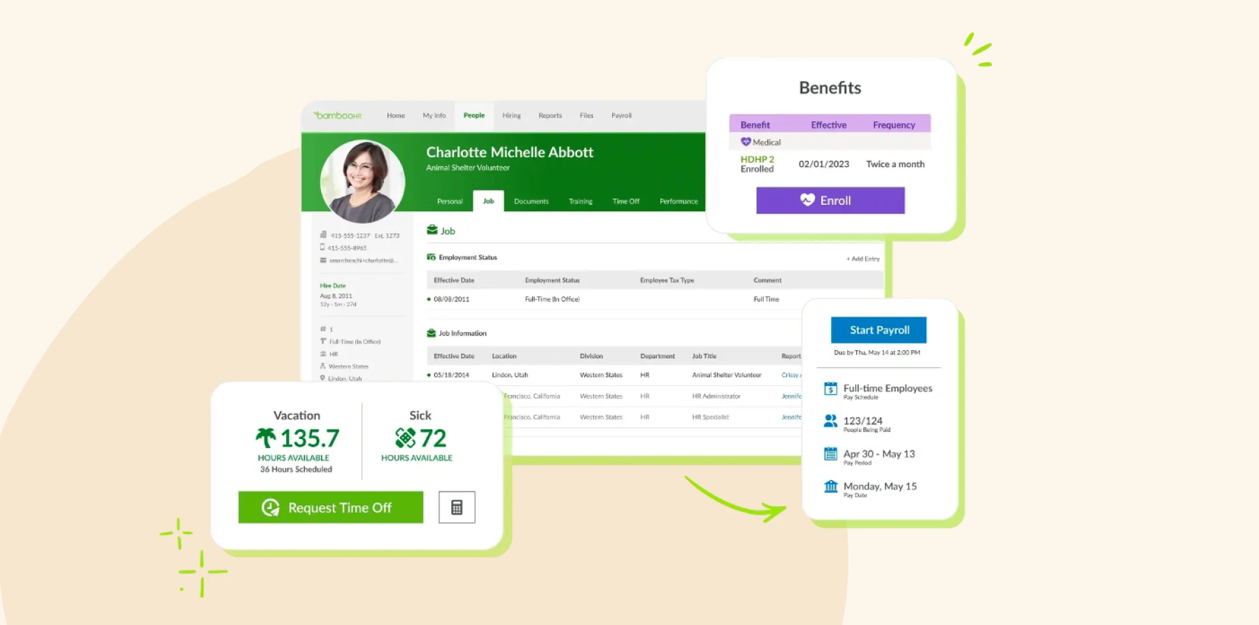 bambooHR dashboard showing employee details, benefits enrollment, and payroll schedule for Charlotte Michelle Abbott, employee benefits management interface with sick and vacation hours displayed