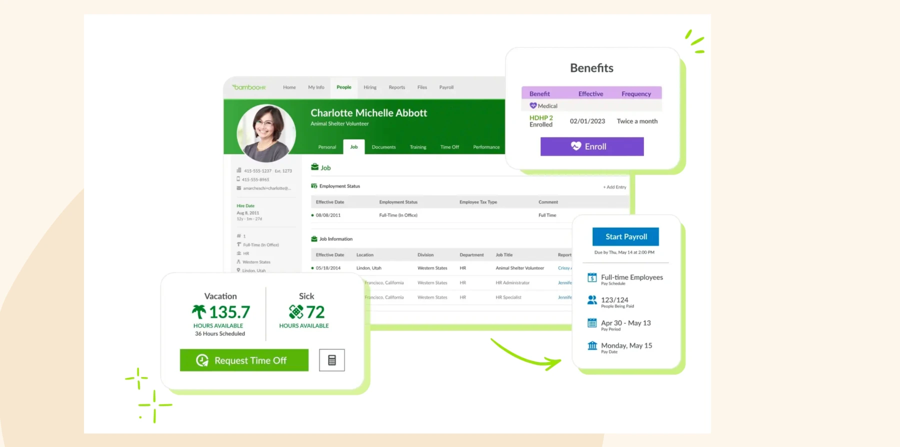 bambooHR dashboard with employee profile, vacation hours, benefits details, and payroll start information, profile, benefits, payroll