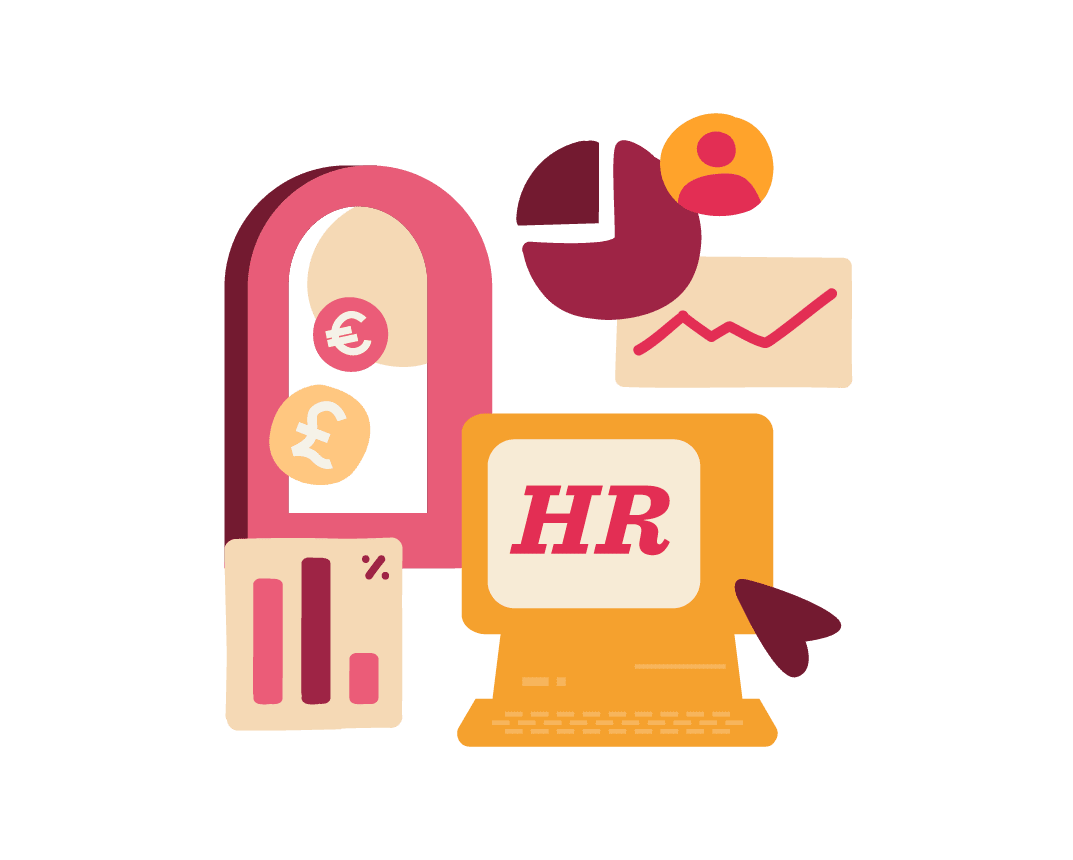 HR analytics concept with computer, graphs, currency symbols, and charts illustrating workforce data management., HR analytics, business analysis