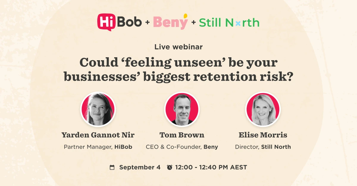 webinar promoting retention strategies , featuring experts from HiBob, Beny, and Still North with date and time info