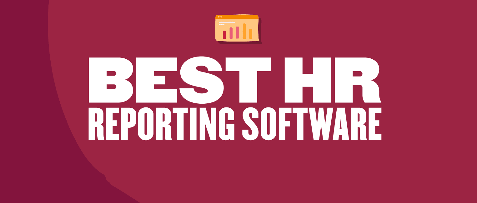 BEST HR REPORTING SOFTWARE displayed prominently on a deep red background with a chart icon for visual impact. best hr reporting software, hr software analytics