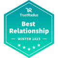 TrustRadius Best Relationship Winter 2023 badge featuring a teal hexagon and five stars. Award symbolizing top customer satisfaction.
