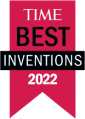 TIME Best Inventions 2022 award logo, featuring a bold red ribbon and clear text., Best Inventions 2022 award emblem