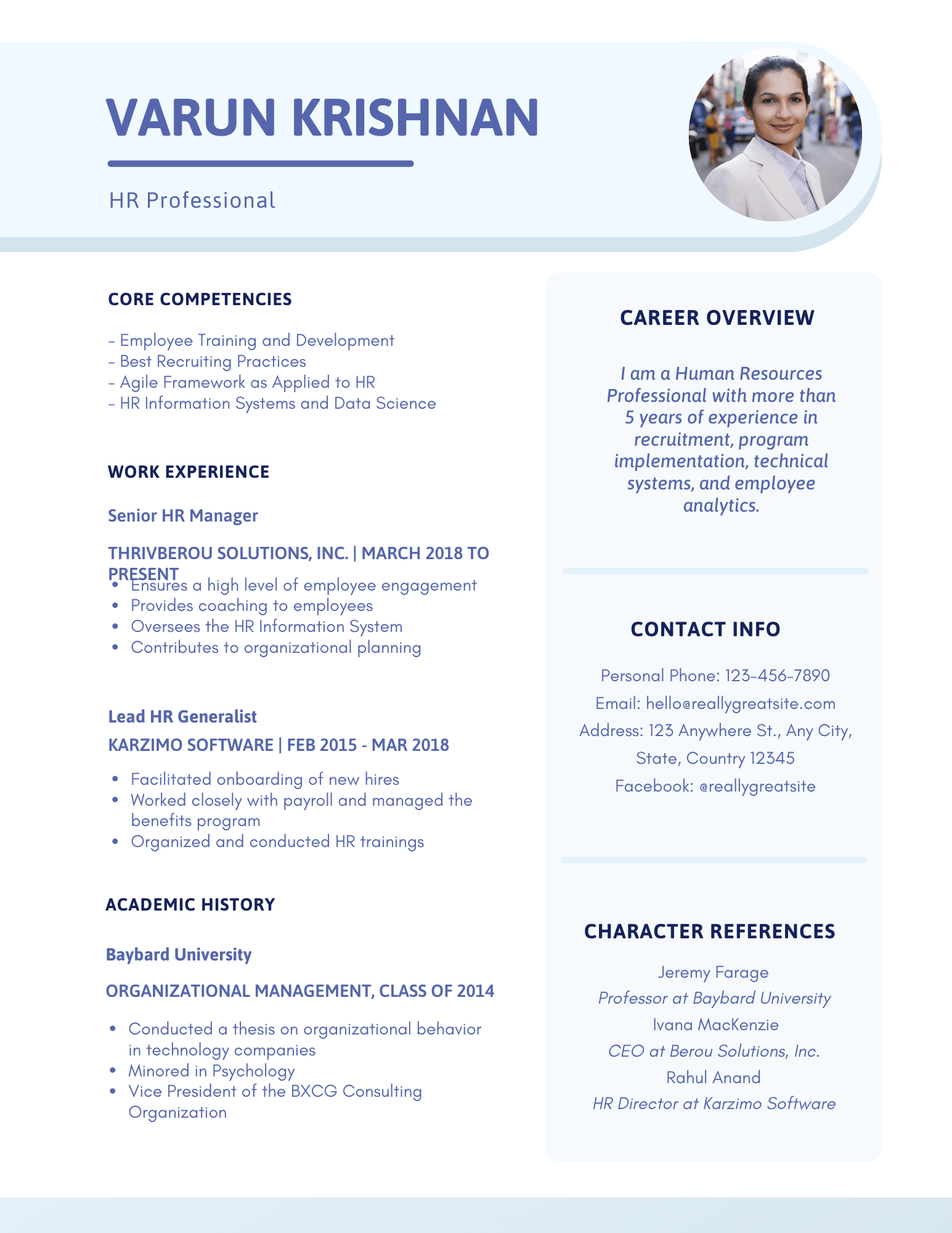 HR professional Varun Krishnan's resume showcases core competencies and work experience in recruitment and training, Contact info and character references for HR expert Varun Krishnan