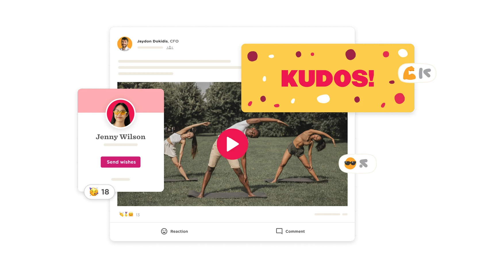 yoga session with diverse participants on mats in a park, featuring interactive elements like play button and reactions, Jenny Wilson's profile with congratulatory message and social engagement features