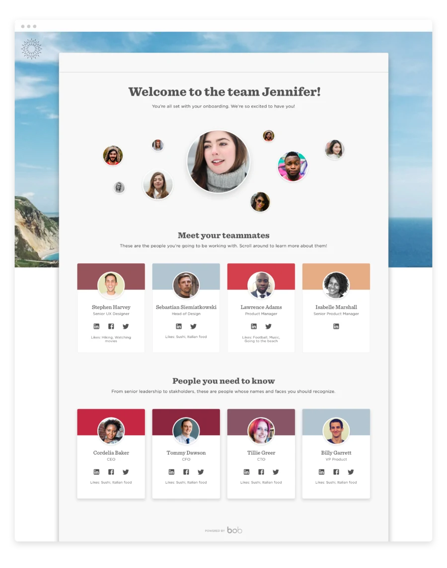 welcome message onboarding team, teammates profiles leadership contacts